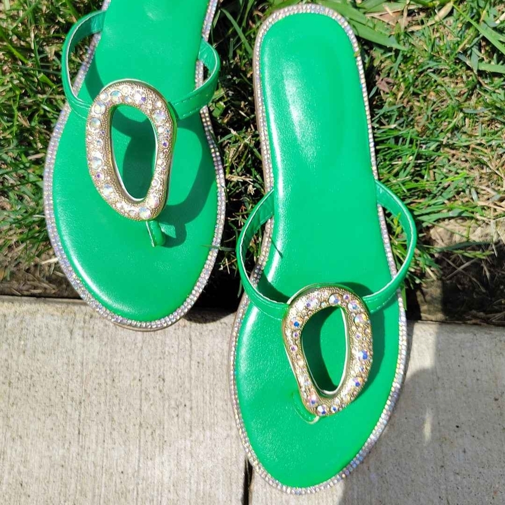 Green Rhinestone Accent Women's Sandals